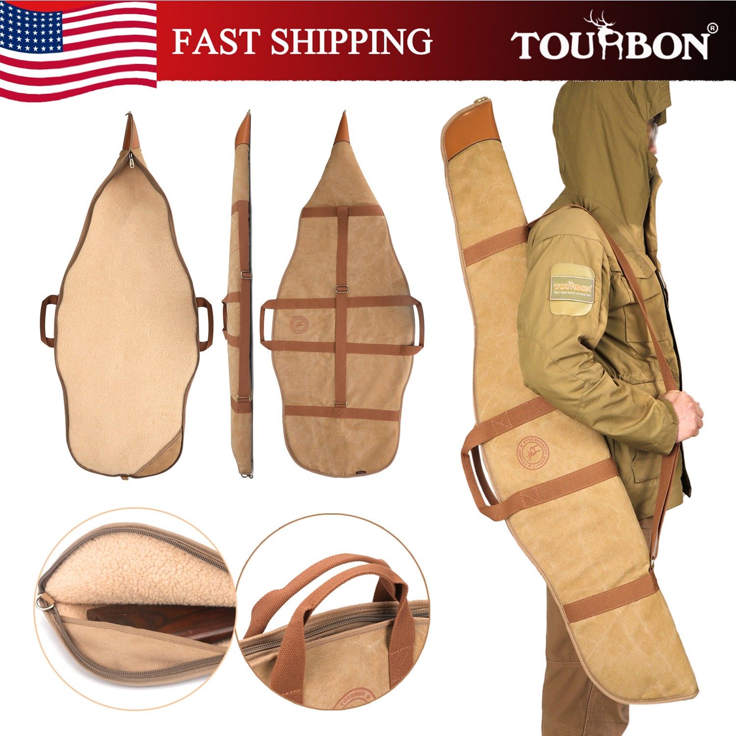 TOURBON 52" Hunting Rifle Gun Slip Case Soft Padded Zipped Bag Canvas Leather