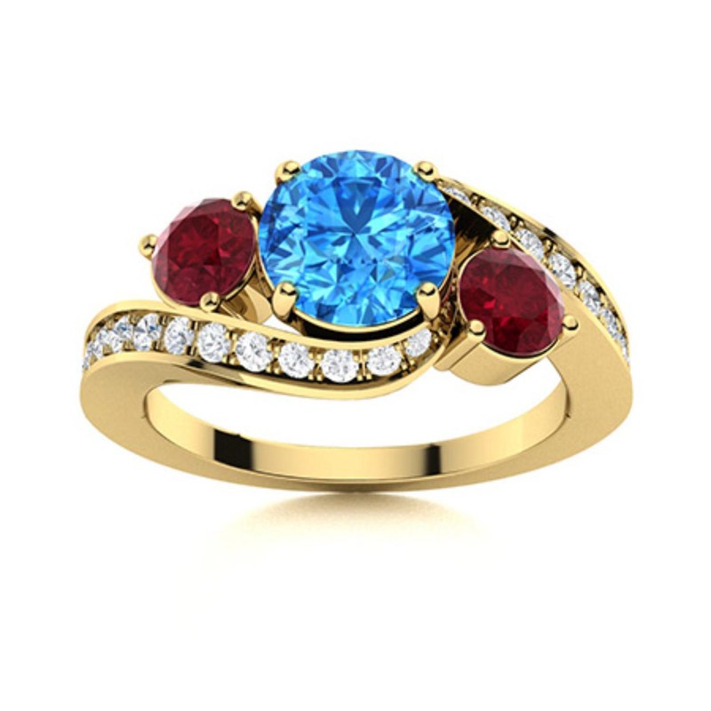 Swiss Blue Topaz & Ruby 5MM Round 925 Silver Gold Plated Three Stone Women Ring