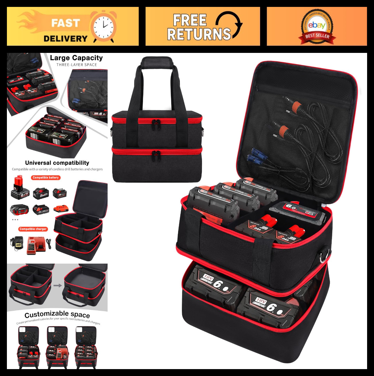 Battery Storage Case for 18V 20V Tool Batteries & Charger - Hard Carrying Box