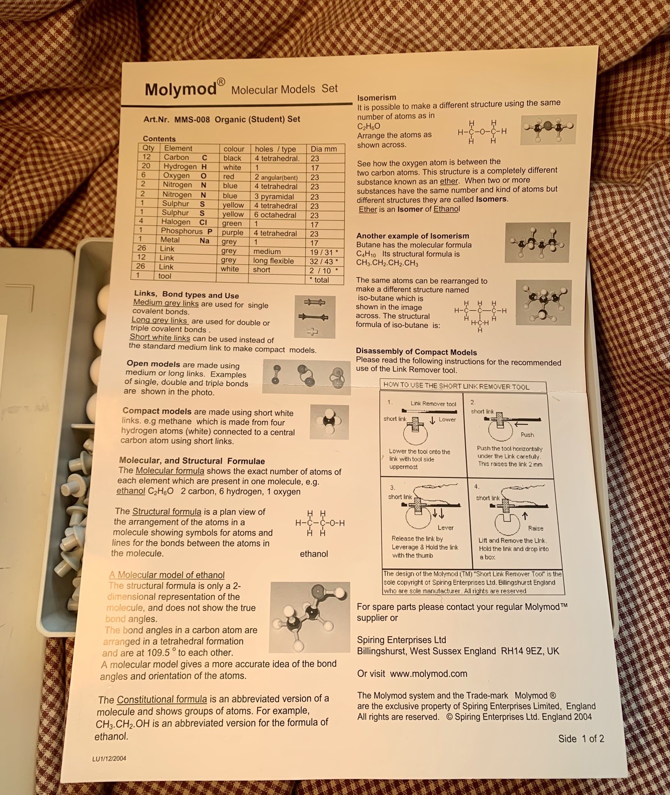 Science Chemistry Use Learning Molymod Organic Student Set 53 ATOMS & 64 LINKS