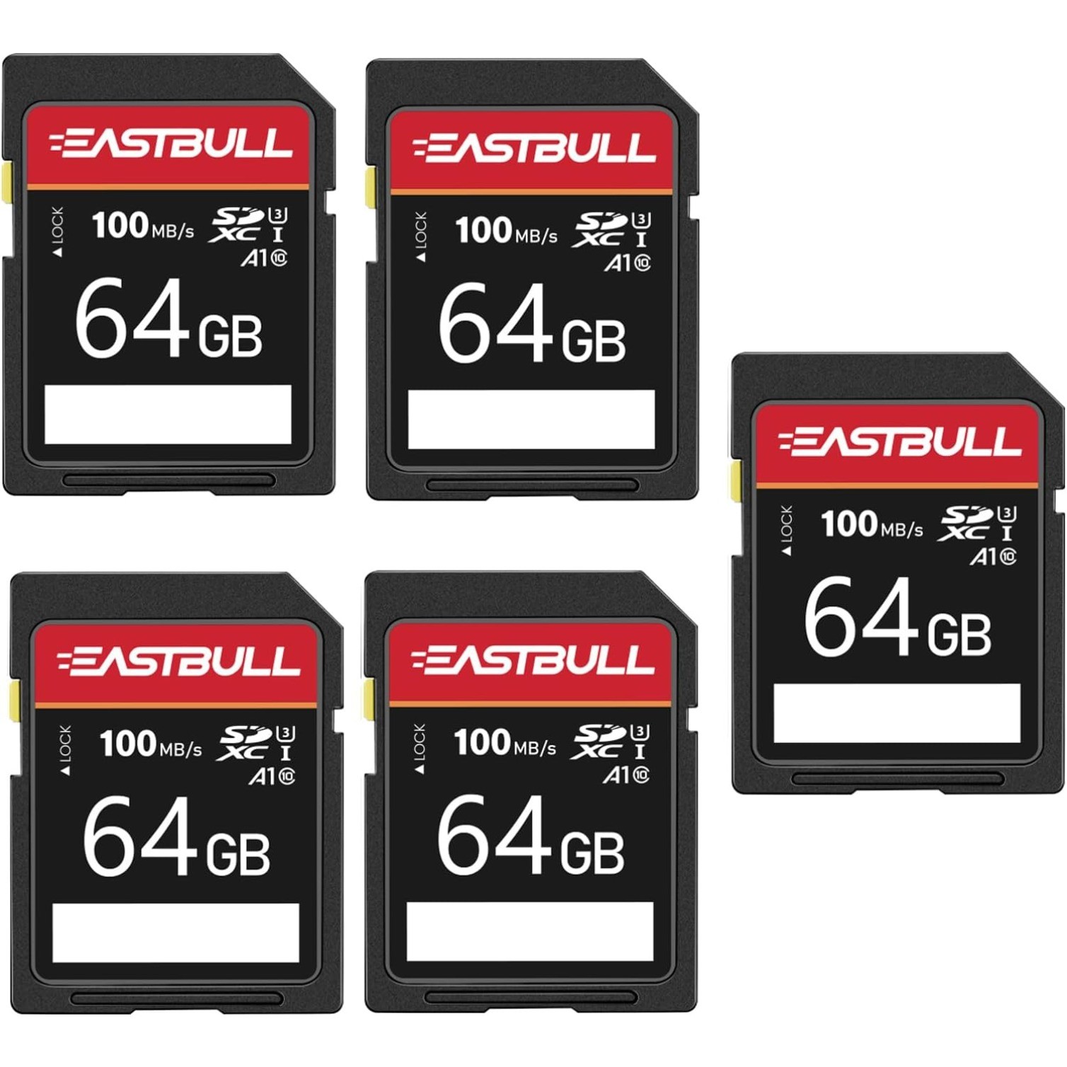 5-Pack of SD Card 64GB EASTBULL Class Cards U1 V30 High-Speed 100MB/s