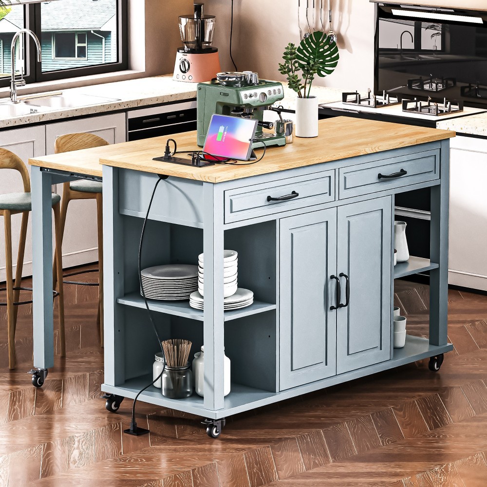 47-inch Kitchen Island w/ Extendable Table, Storage, Outlet - Grey Blue