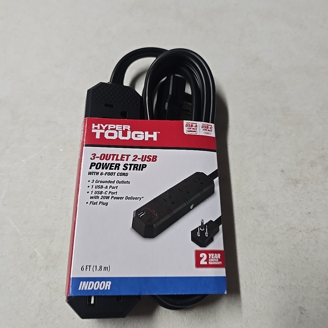 Hyper Tough - 3 Outlet + 2 USB Power Strip - 6 Foot - Black