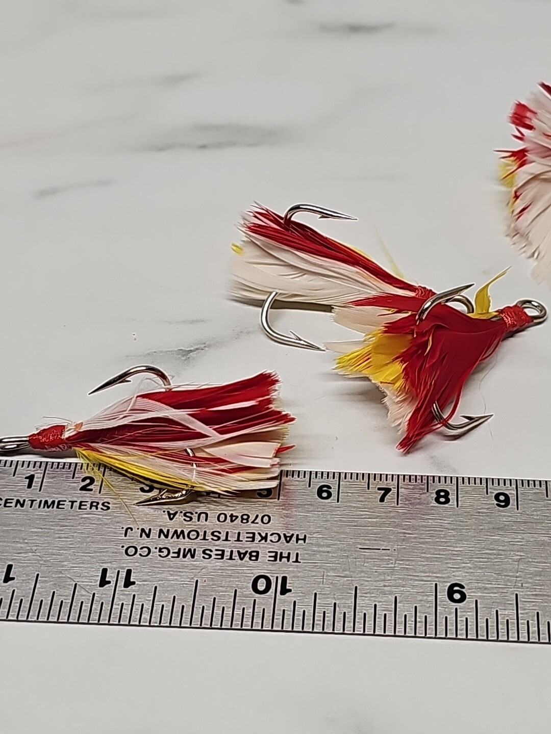 6 Dressed Treble Hooks with Yellow and Red Feather * Hook size #2/0*