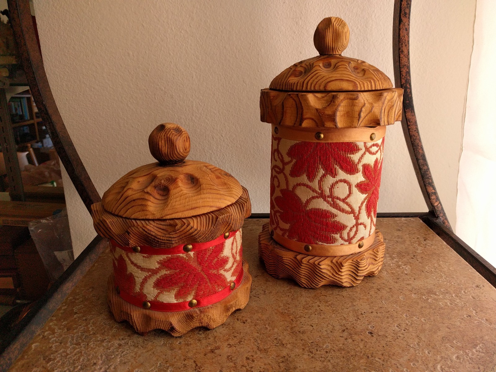 Pair of Wooden Cylindrical Trinket Boxes Made in Spain Embroidery Covers
