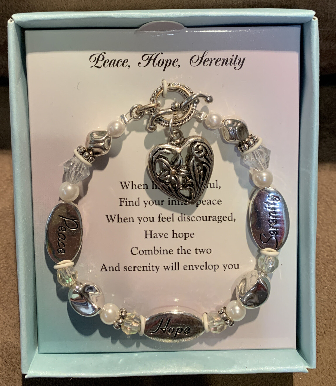 PEACE/HOPE/SERENITY BRACELET BEADED INSPIRATIONAL TOGGLE w/HEART