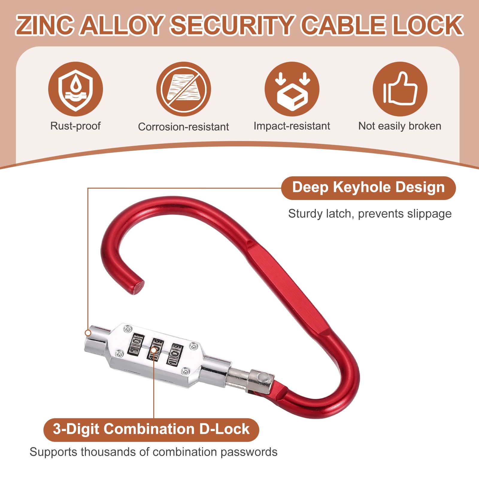 3.8" x 1.8" D-Shaped 3-Digit Code Combination Lock D-Ring Clip Locking, Red