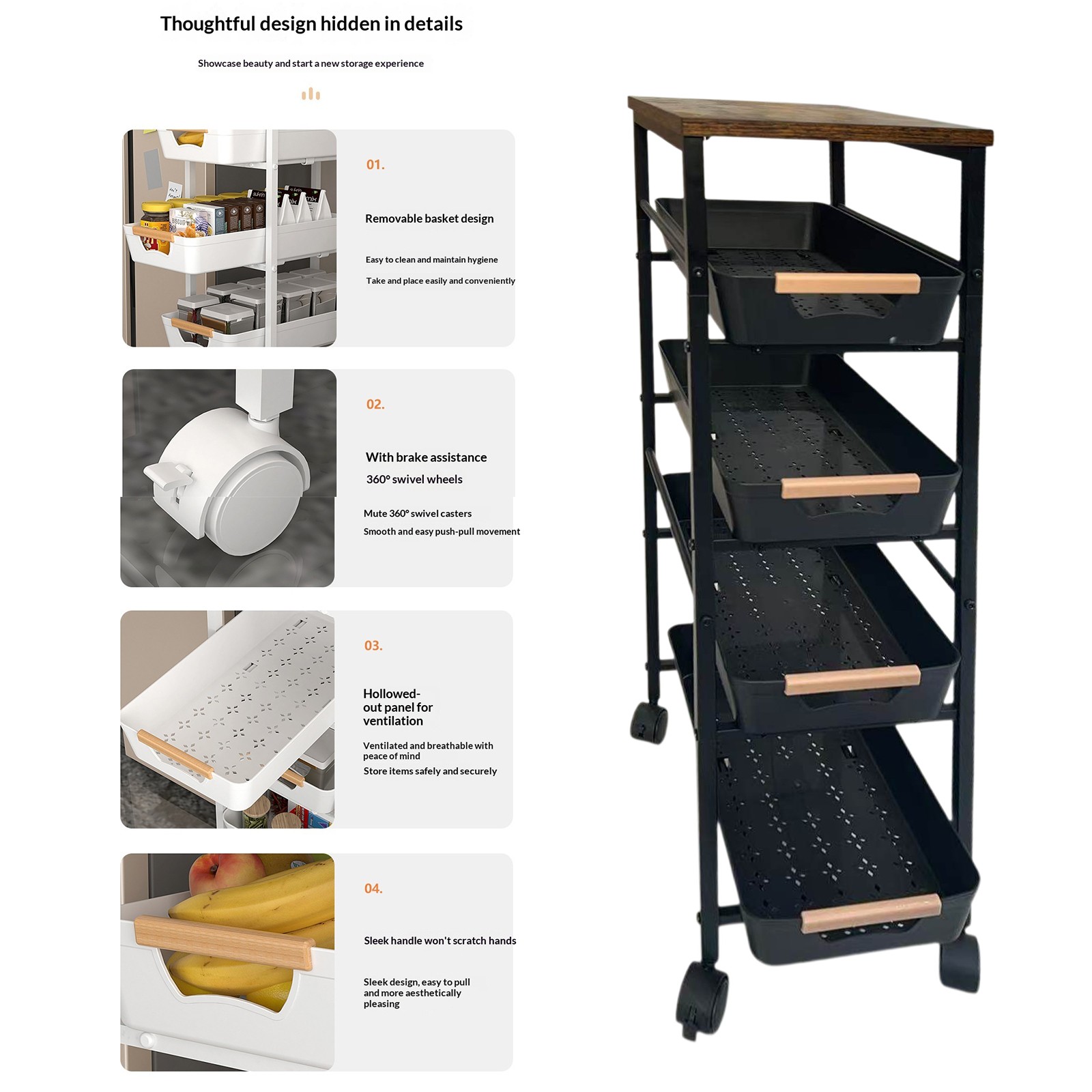 4 Tier Metal Organization Trolley with Pull-Out Baskets and Wheels Slim Storage