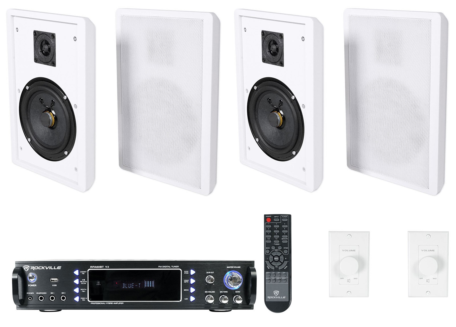 Rockville 2-Room Home Audio Receiver+(4) White 5.25" Wall Speakers+Wall Controls