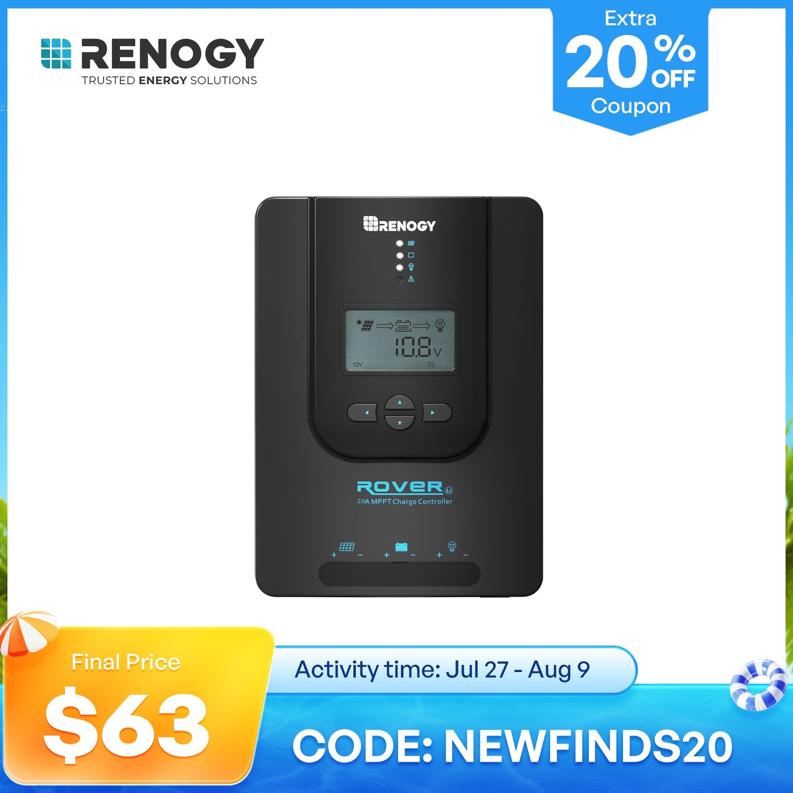 Renogy 20 Amp 12V/24V DC Input MPPT Auto Parameter Solar Charge Controller