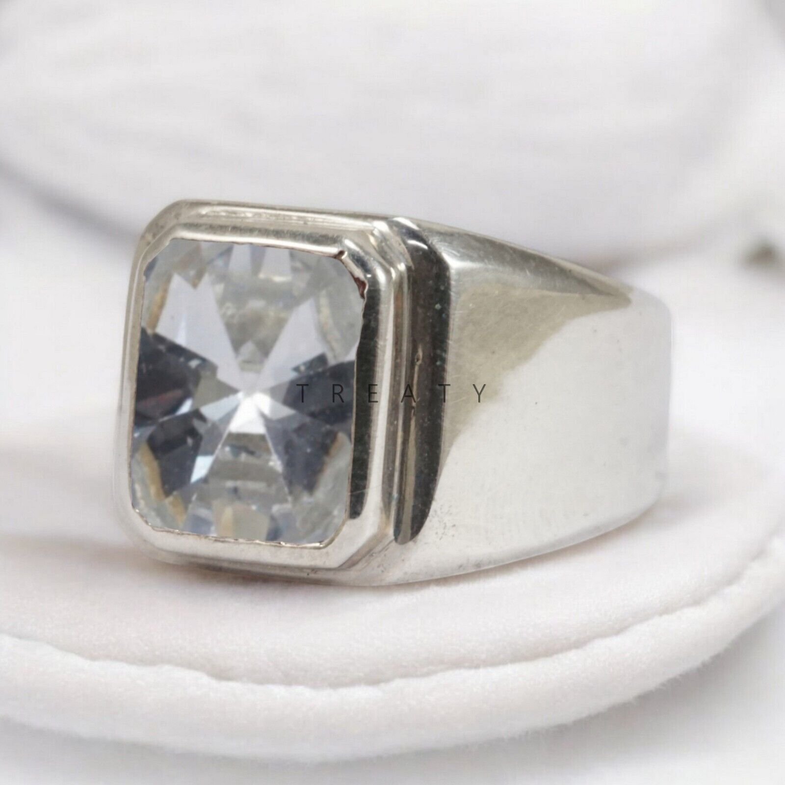 Moissanite Emerald Cut Gemstone With 14K Solid White Gold Ring For Men's #A4