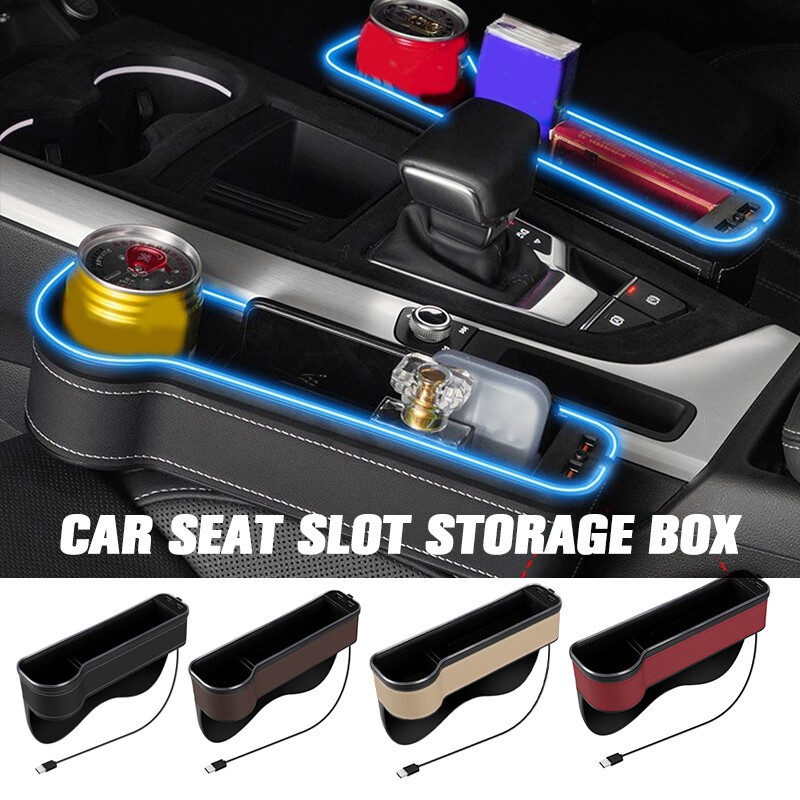 Car Dual USB Charging Crevice Storage Box LED Seat Gap Slit Catcher Organizer ]