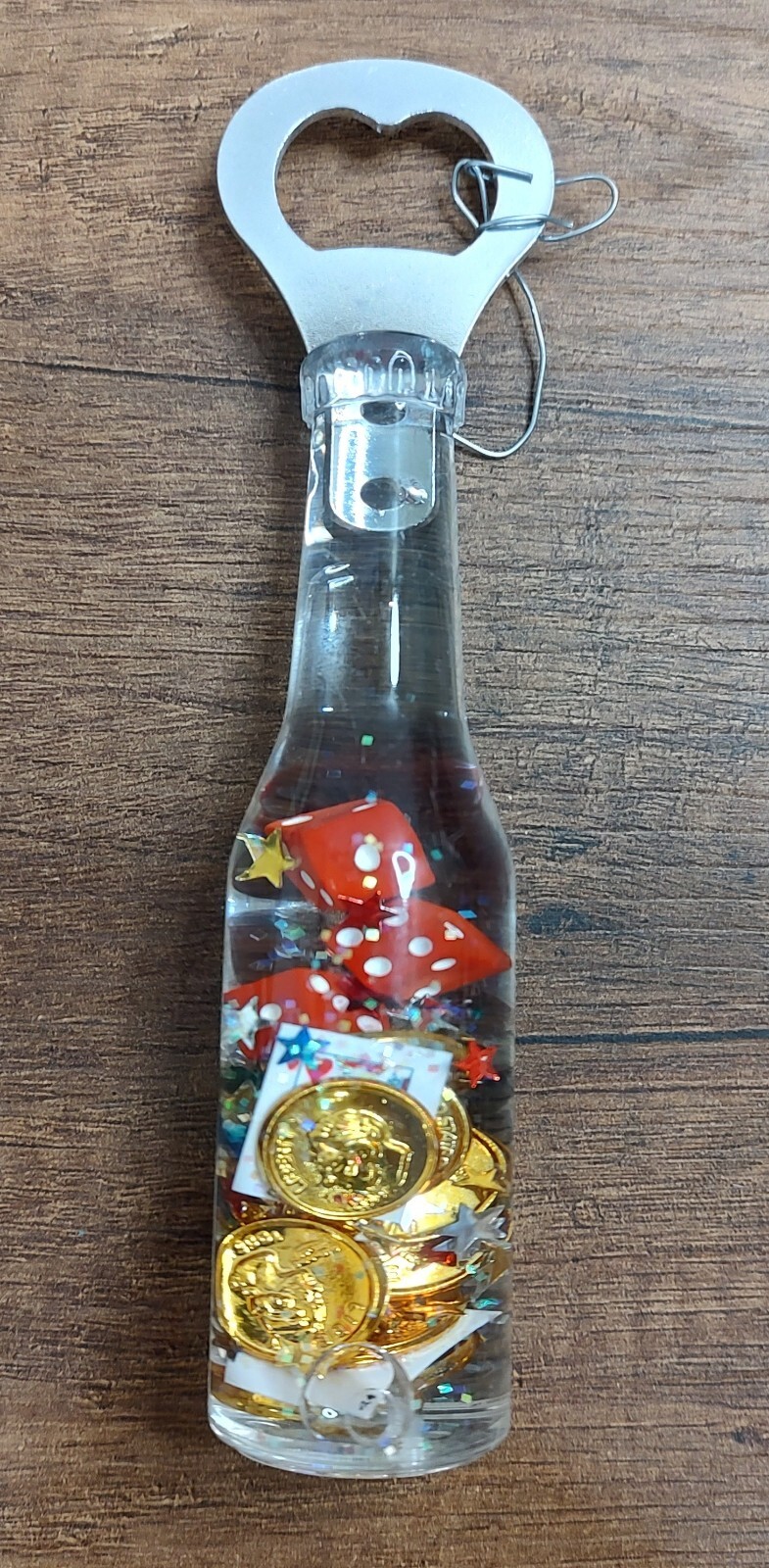 Vintage Las Vegas Bottle Opener Plastic Bottle with Mini Chips Dice Souvenir A1