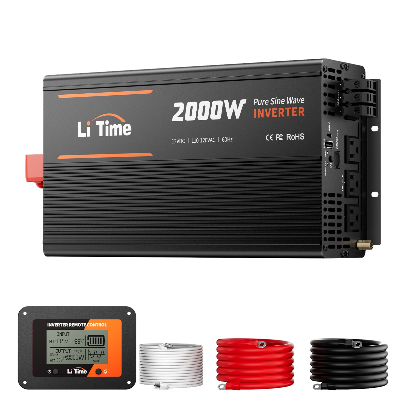 LiTime 2KW 2000W Pure Sine Wave Inverter 12V DC to 120V AC for Solar RV Marine