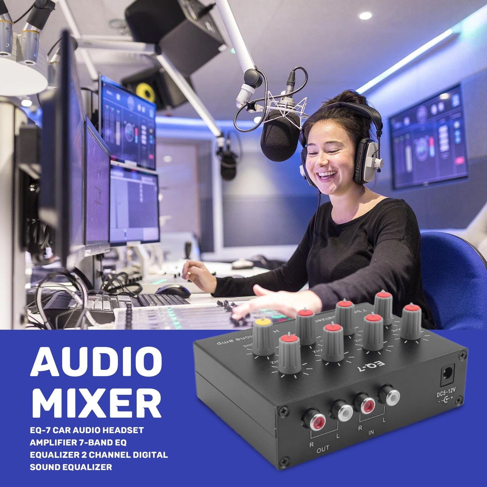 EQ7 Car Audio Headset Amplifier 2 Channel Audio Mixer Equalizer