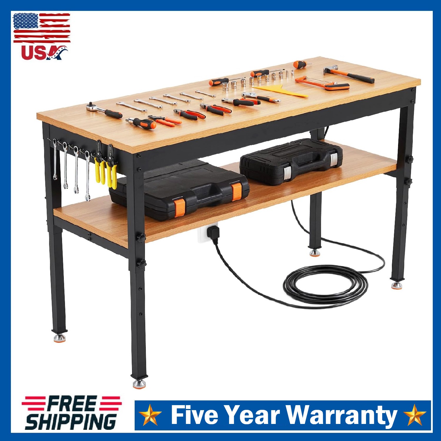60" Adjustable Height Workbench 2500LBS Work Table w/Power Outlet ,Storage Shelf