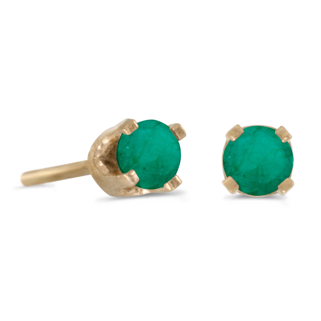 14k Petite Yellow Gold Round Genuine Emerald Stud Earrings