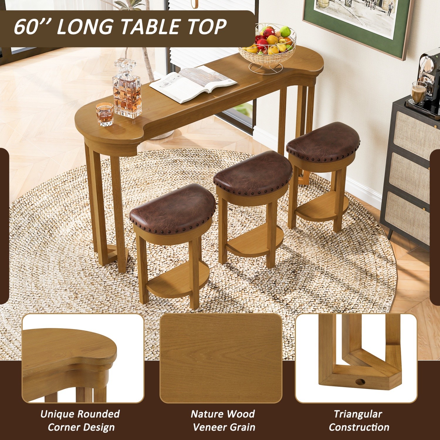 4 Piece Kitc/hen Counter Height Bar Table Set with 3 PU Padded Solid Wood Stool