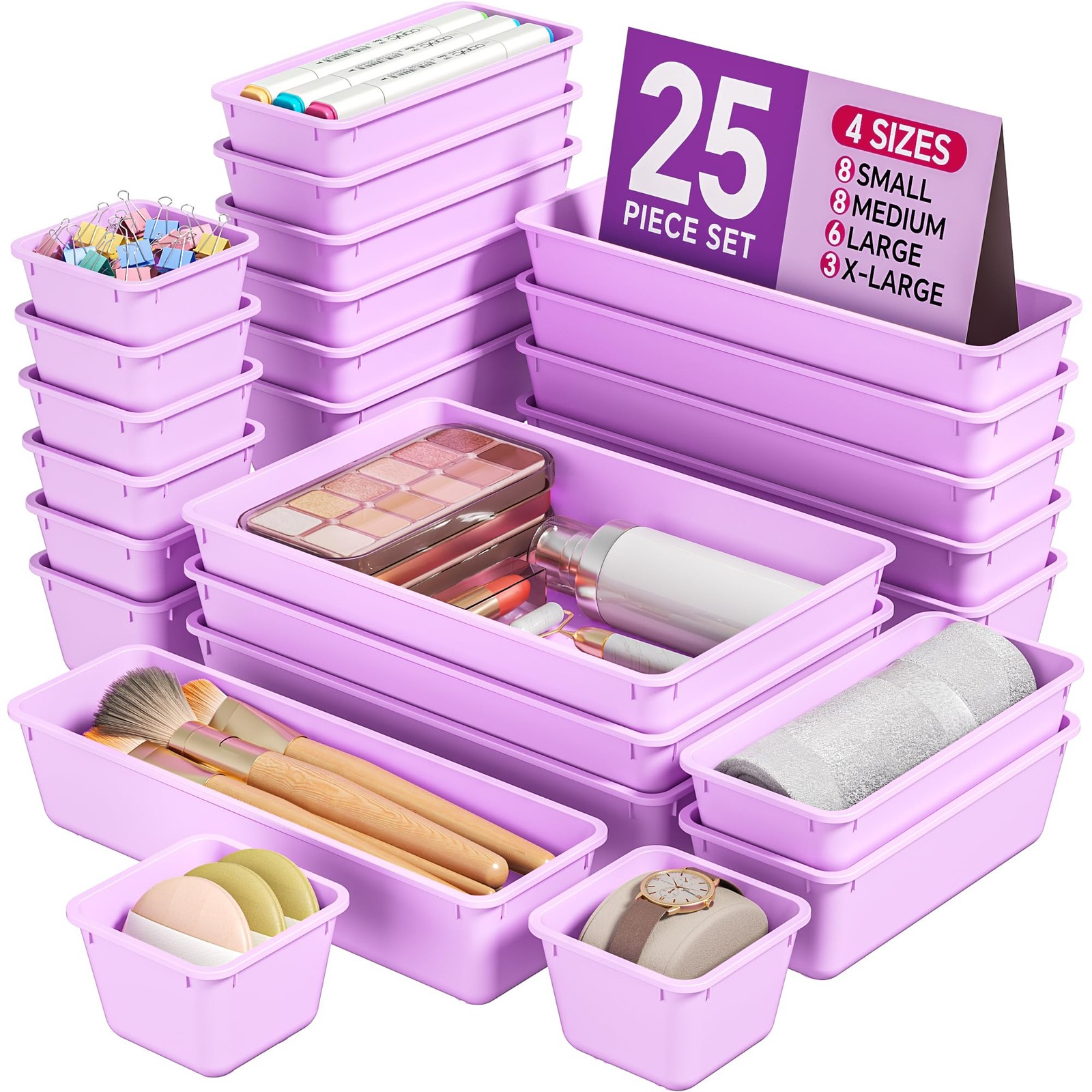 25~Piece Plastic Drawer Organizer Set, 4 Sizes, Purple, Makeup & Desk Trays