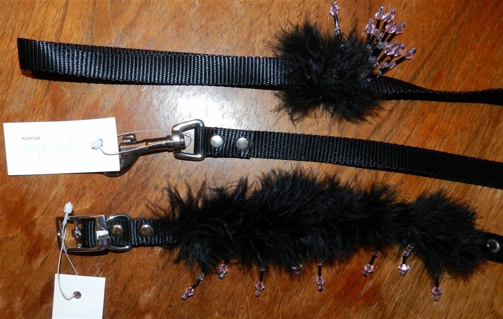 Collar and Leash Set Ganz Black Feather Dangle Dog size Medium New