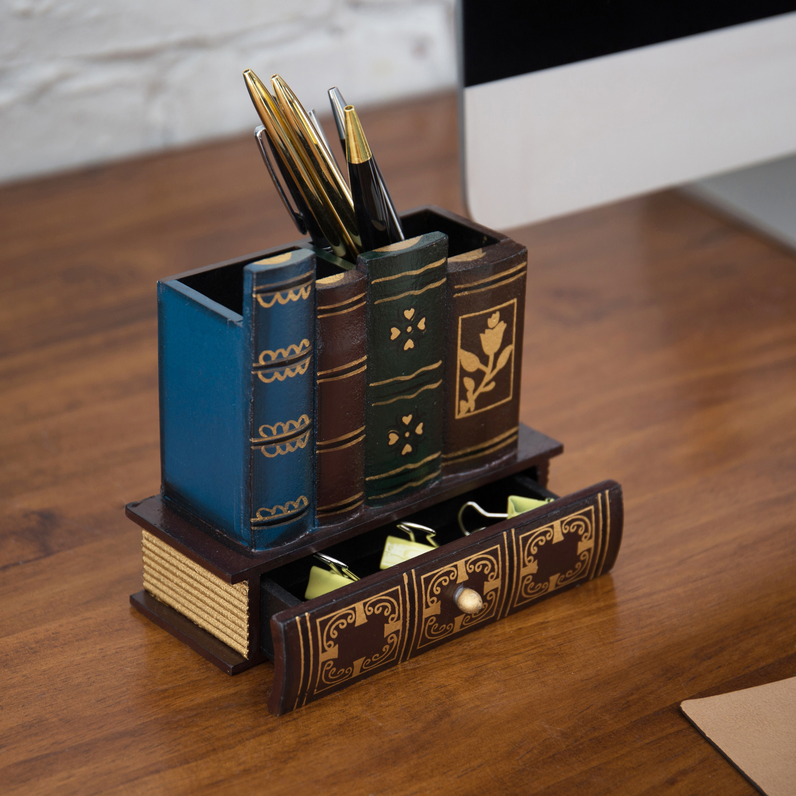 MyGift Decorative Library Books Design Wooden Office Supply Caddy Pencil Holder