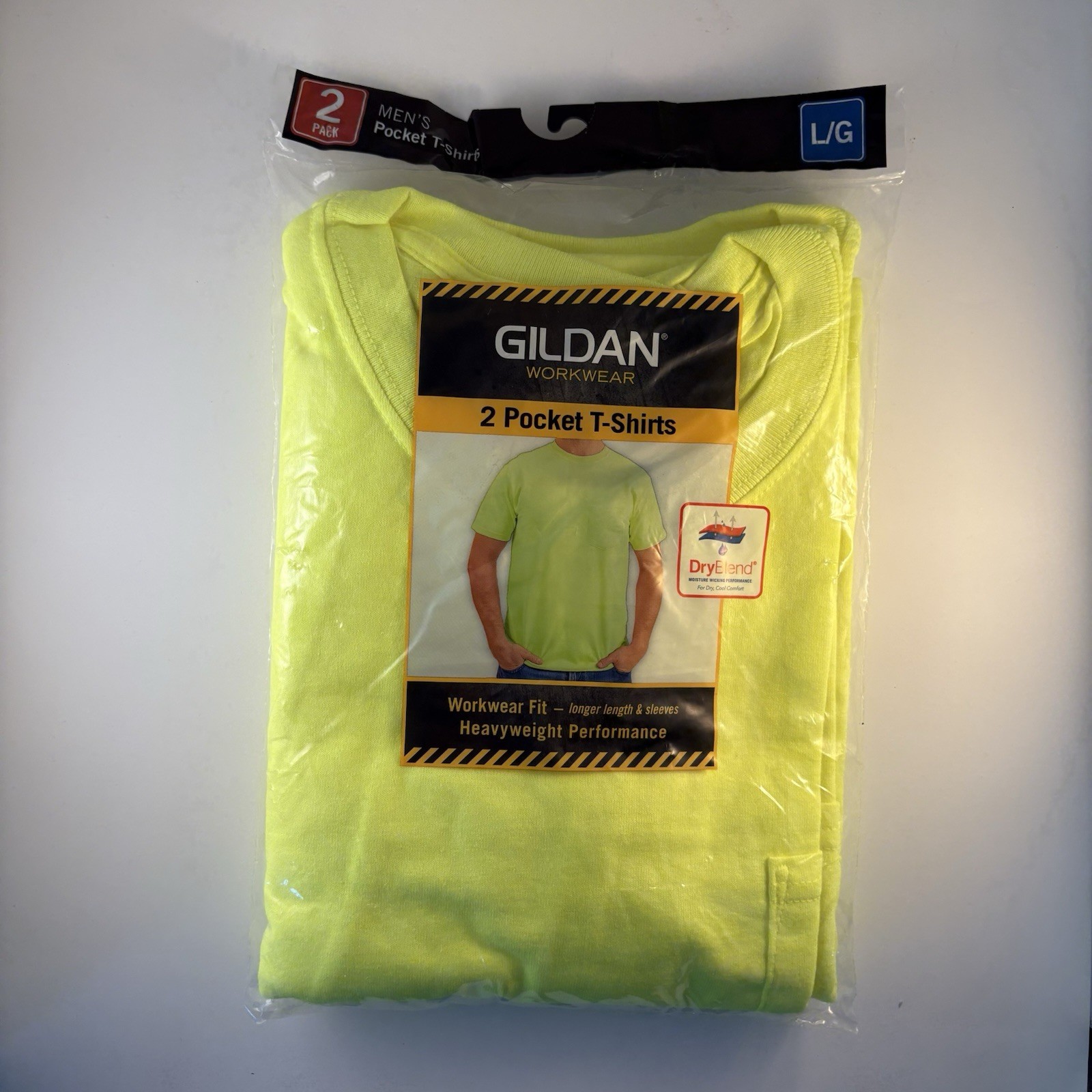 New! Gildan Men's Workwear Pocket T Shirts 2 Pk Safety Green Heavyweight Size L