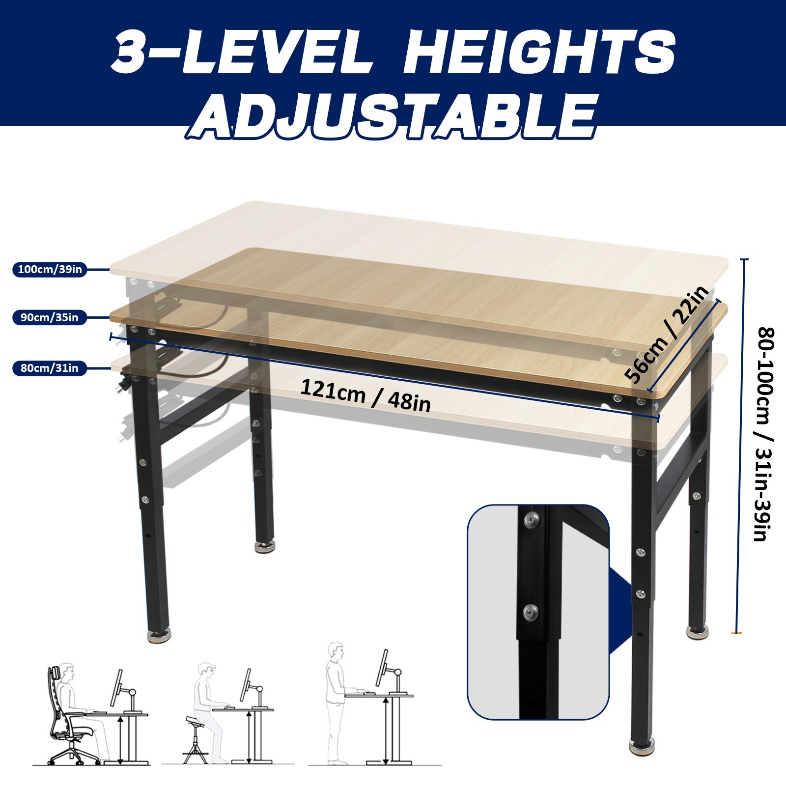 48''/60'' Adjustable Heigh Work bench with Power Outlet Hardwood Work Table