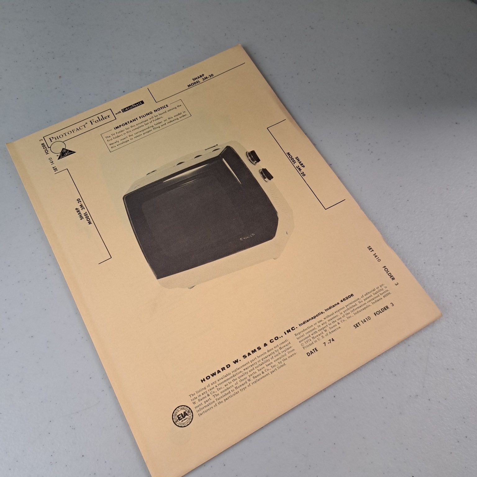 SHARP Service Manual 3M-20 TV Television 1974 Photofact Folder Schematics