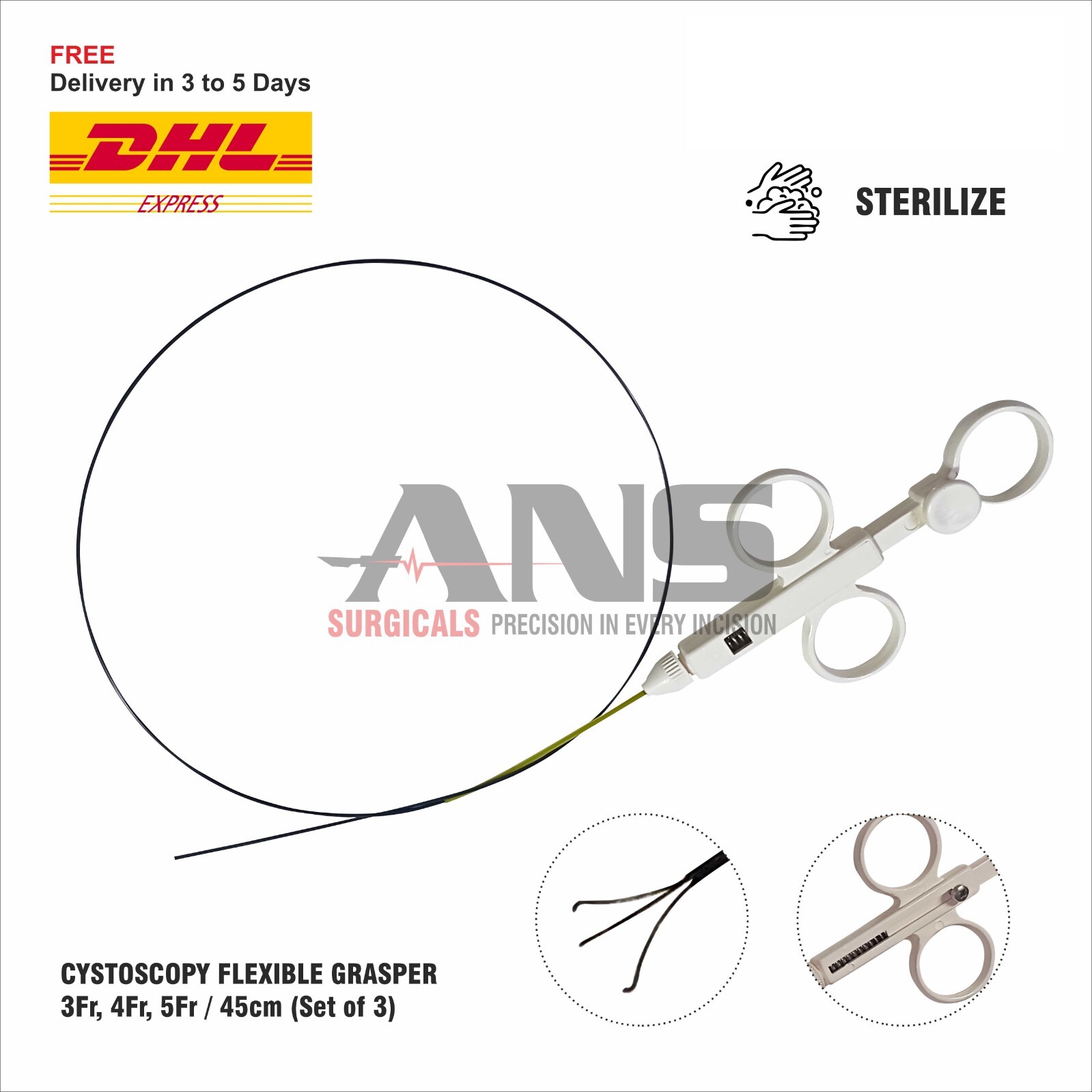 ANS  Cystoscopy Flexible Grasper  3Fr, 4Fr, 5Fr / 45cm (Set of 3)