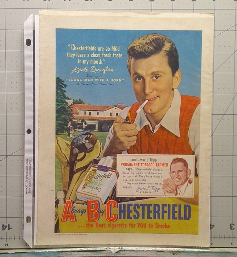 Chesterfield Cigarettes Tobacco Kirk Douglas Young Man with Horn   Print Ad 1950