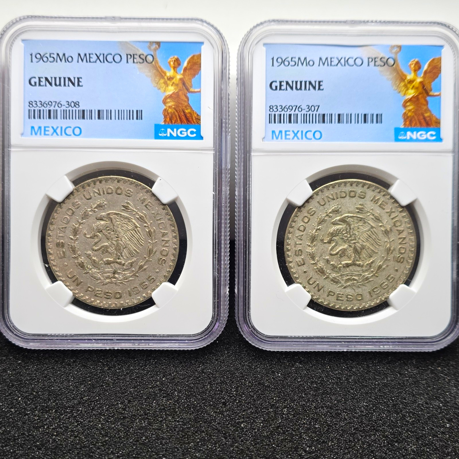(2) NGC Genuine 1965 Mo Mexico 1 Peso Silver Coin KM#459 BN Fineness 0.1