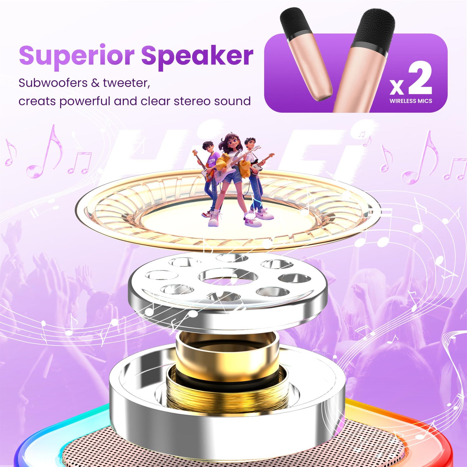 Mini Karaoke Machine, Portable Bluetooth Speaker & 2 Wireless Microphones