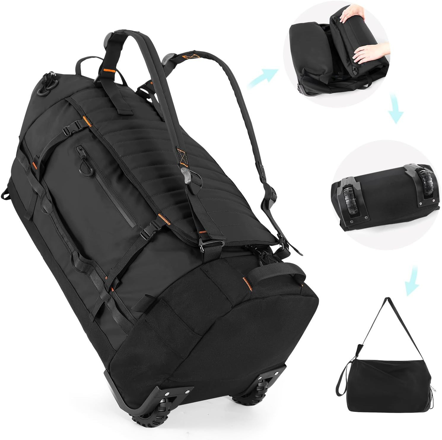 Durable Waterproof 29" Foldable Wheeled Duffle Bag - Black with Quilted Base