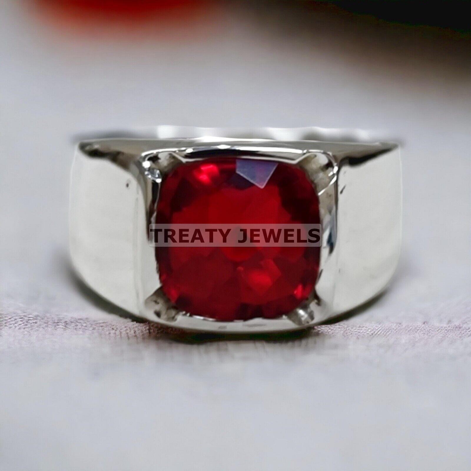 Ruby Cushion Cut Gemstone With 14K Solid White Gold Ring For Men's #A493