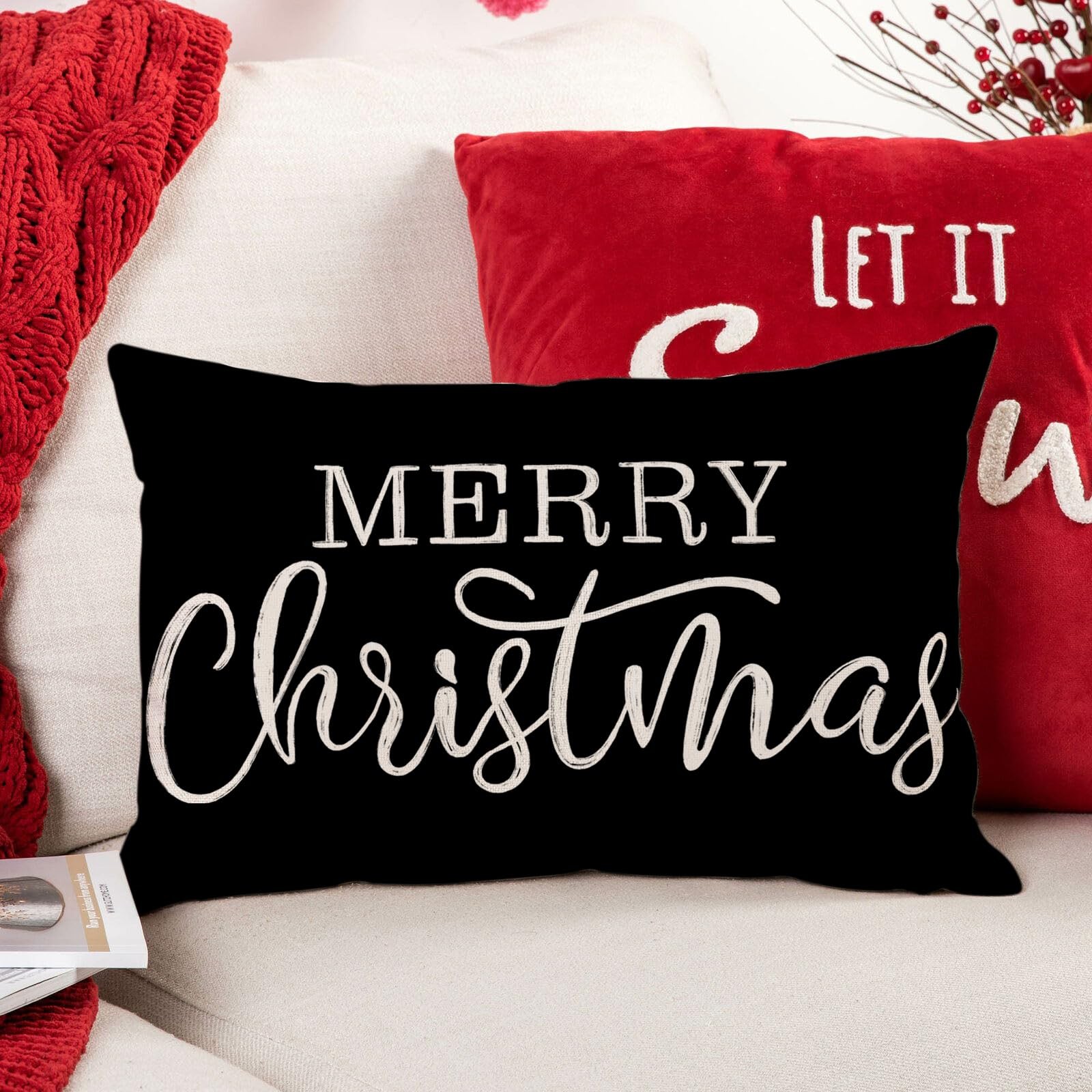 LOMCHEN Black Christmas Lumbar Pillow Cover 20" x 12" (Pack of 1),