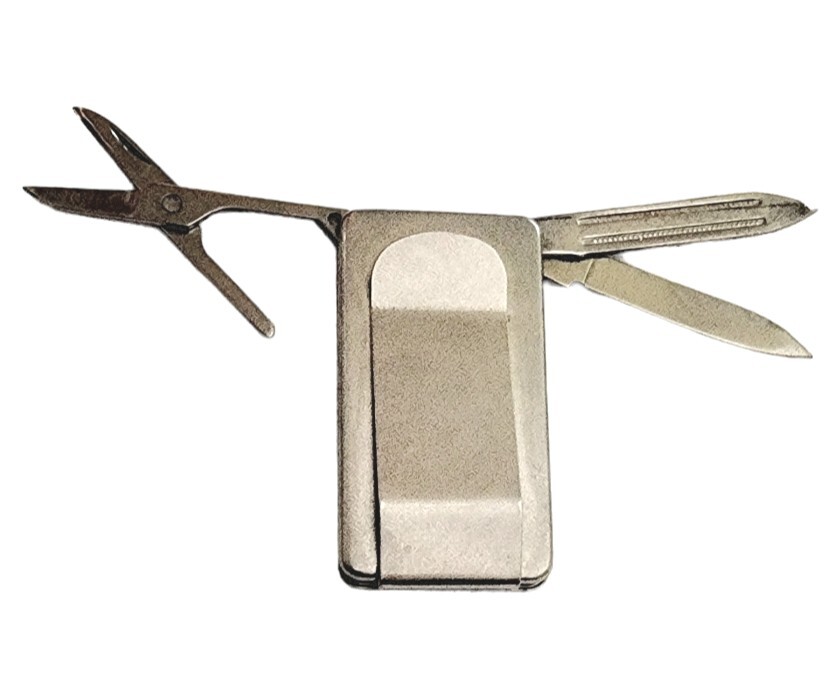Money Clip Multi Tool Vintage Silvertone Metal Folding Pocket Scissors File