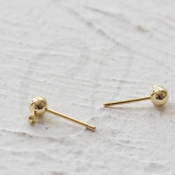 2 PIeces Gold Plated Earring Posts w/ 4mm Ball - Sterling Silver Pin (3909C-E-7)
