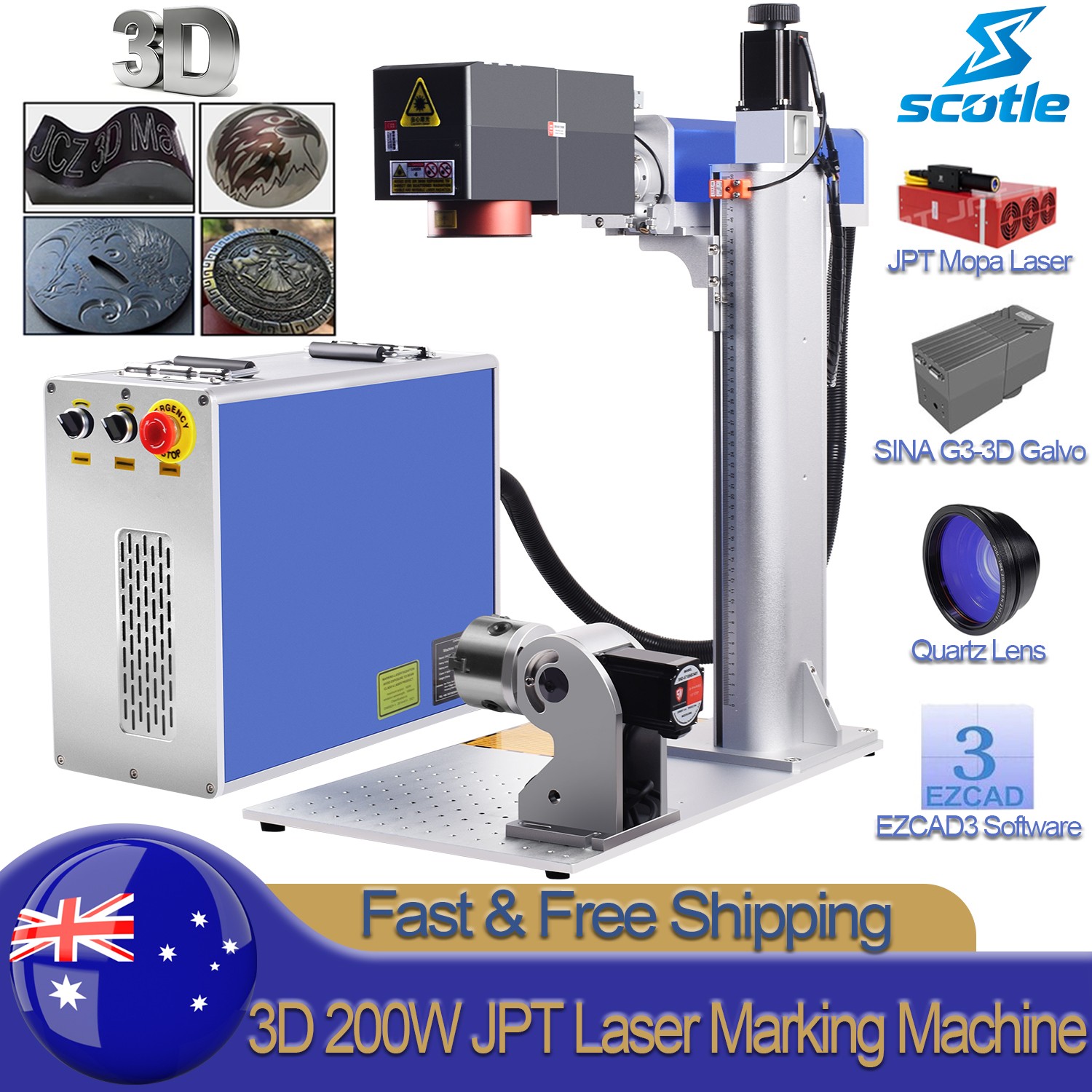 3D 200W JPT M7 MOPA Fiber Laser Marking Machine Curved Relief Deep Engraver AU