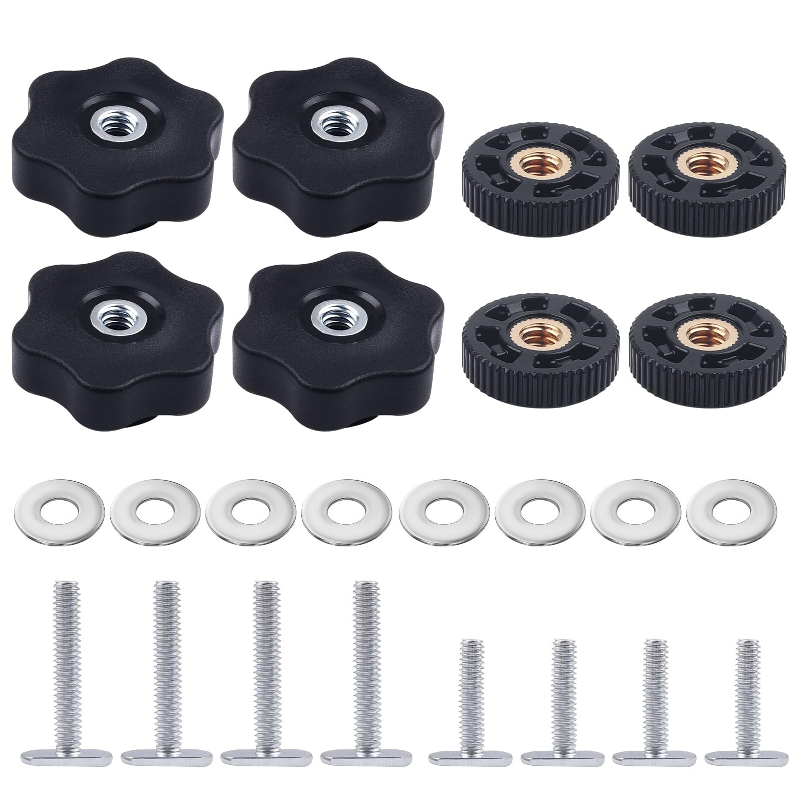 8 PCS TTrack Knob Kit 4 Star Knob 1/420 Threaded Bolt Washer Woodworking