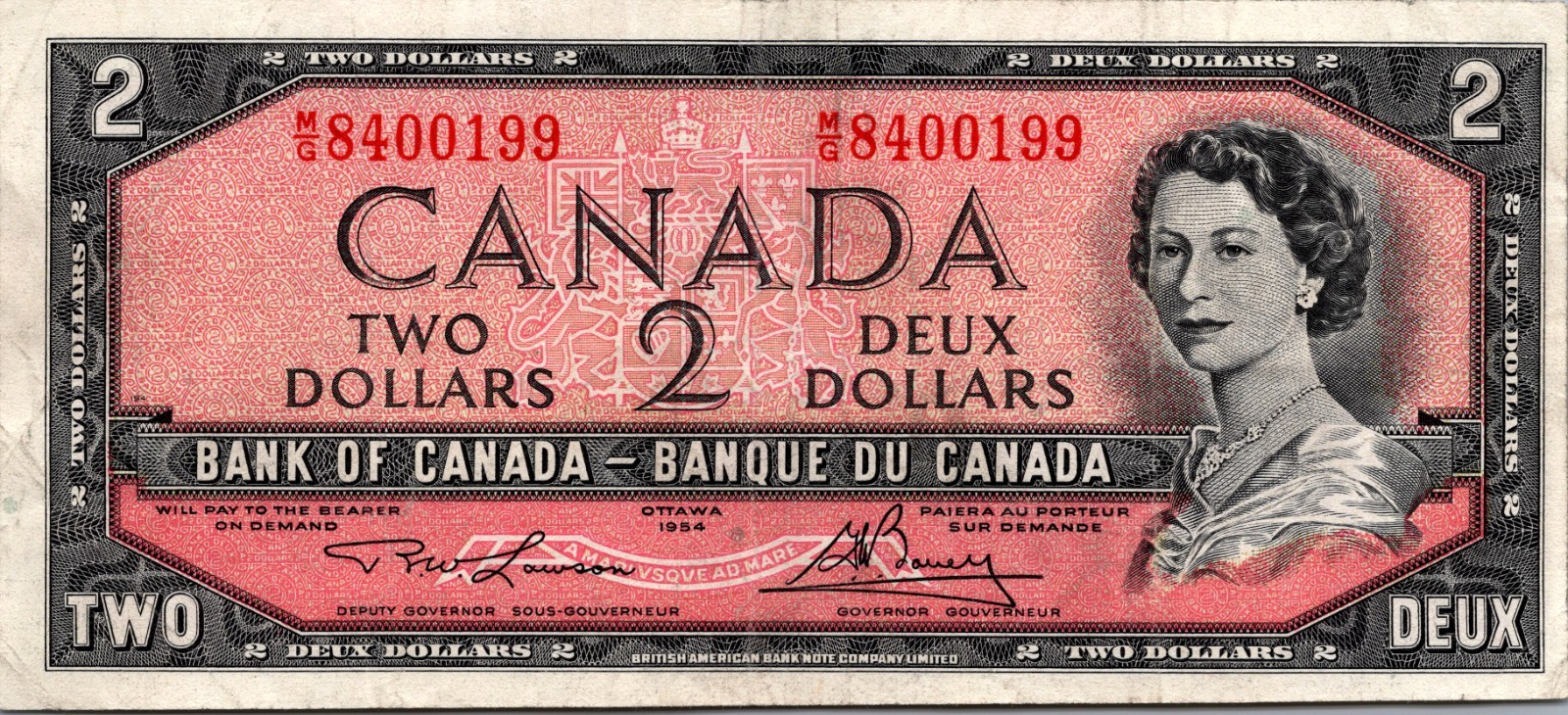 Canada 2 Dollars 1954 "Fancy Serial" BC-38b CVF
