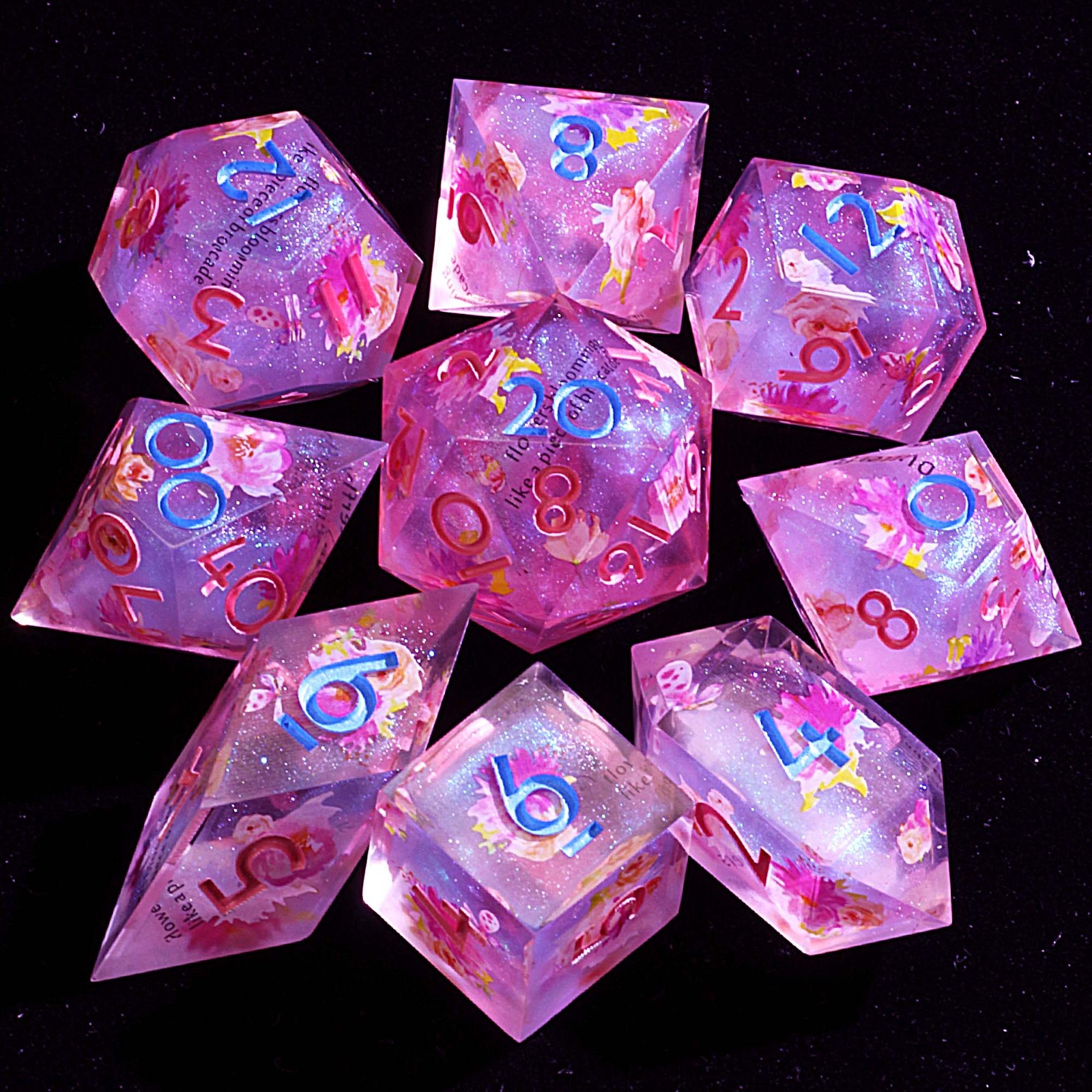 9 Polyhedral Resin Set of Dice D&D Blossom Script for Dungeons Dragons RPG