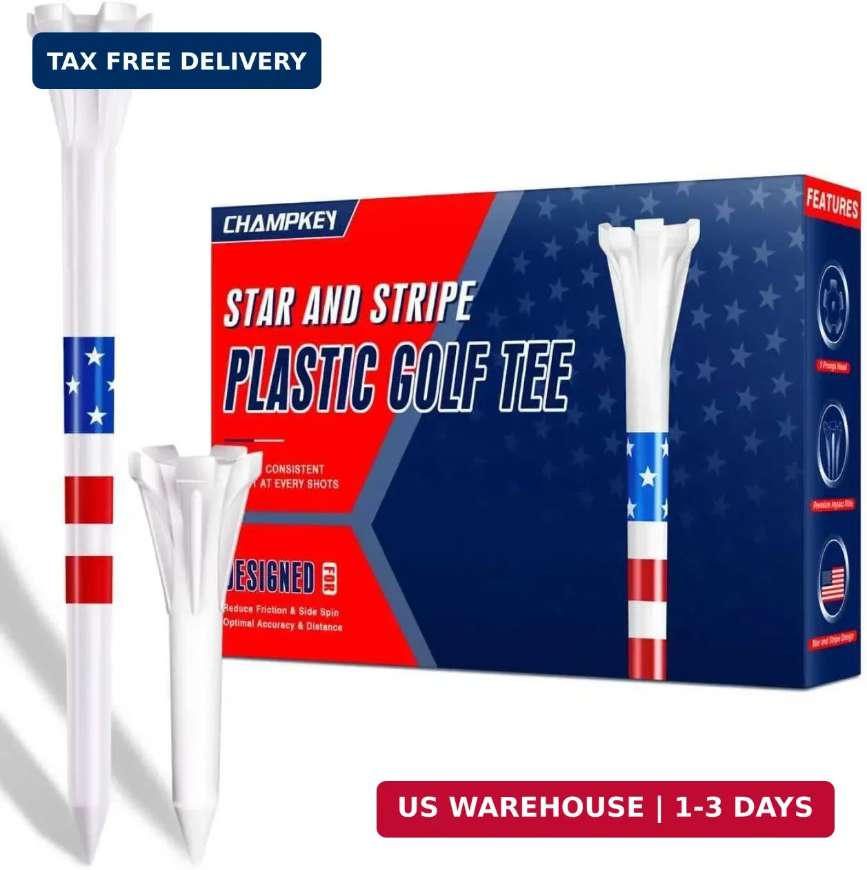 CHAMPKEY 5-Prong Plastic Golf Tees 120 Pack - Star and Stripe Marking System Gol