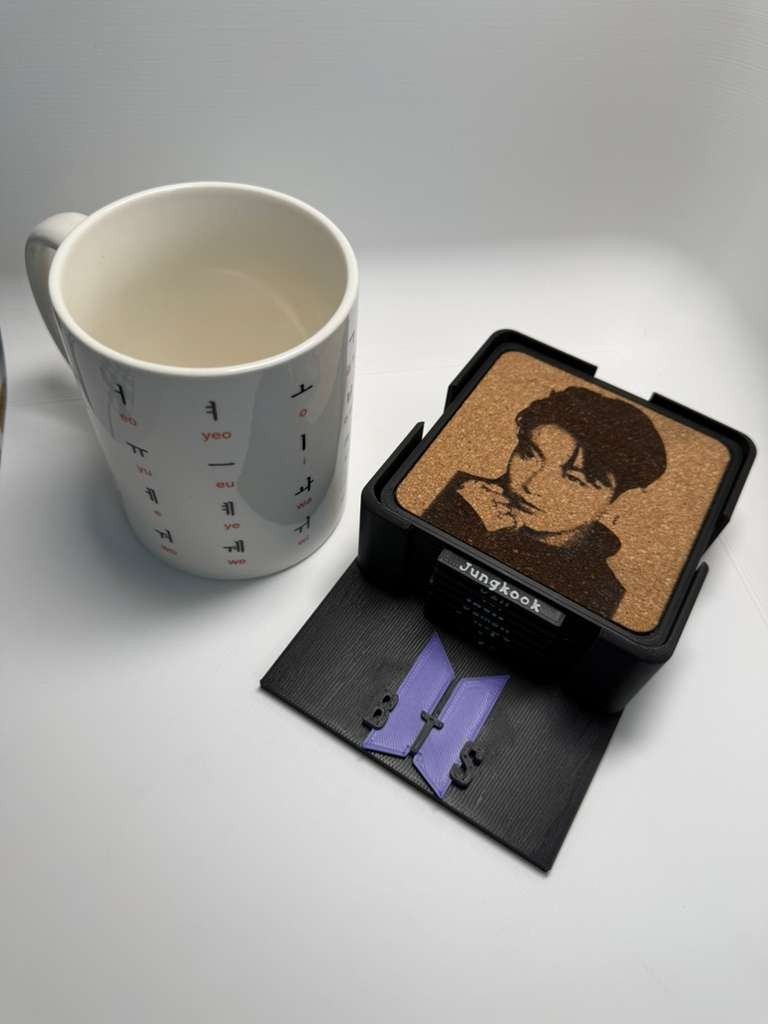 BTS ARMY 3D Printed Coaster Set – Laser Engraved Cork – K-Pop Fan Made Gift