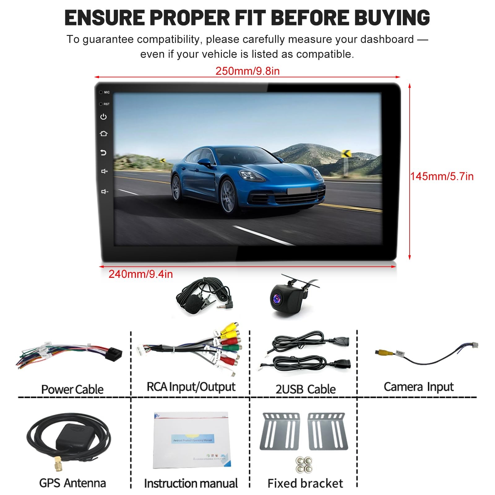 10.1" Double Din Android 14 Touchscreen Car Stereo Wireless CarPlay Android Auto