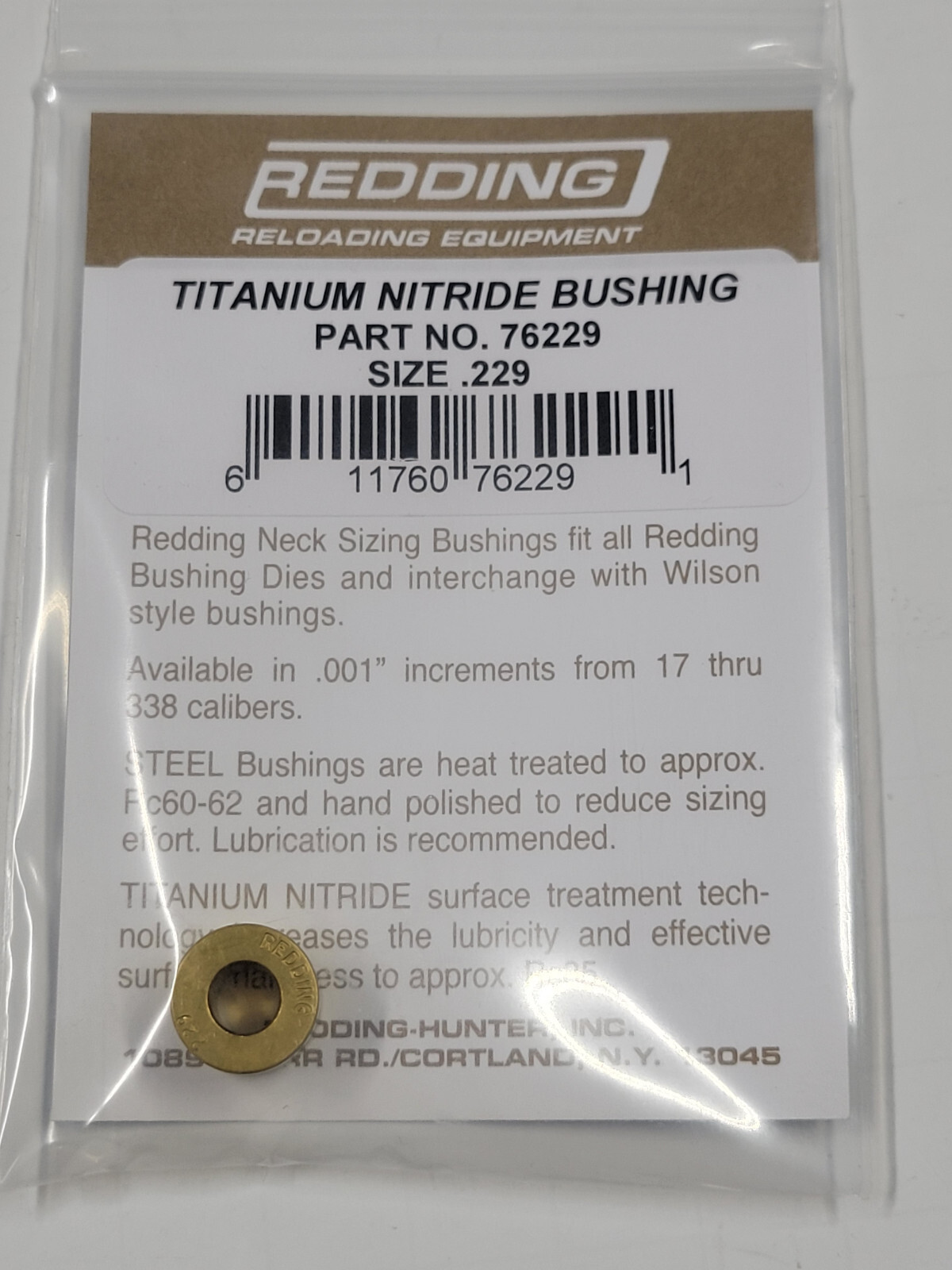 76229 REDDING TITANIUM NITRIDE .229 NECK SIZE BUSHING - BRAND NEW - FREE SHIP