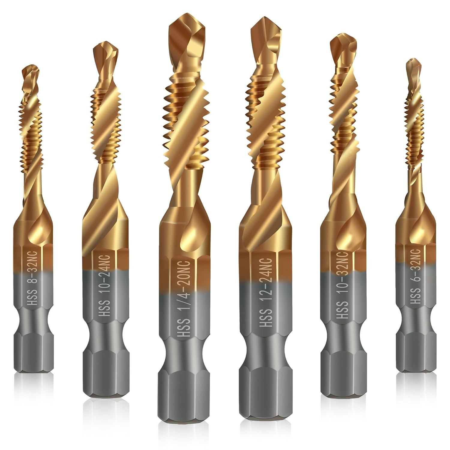 6 Drill & Tap Set HSS Titanium 6-32Nc 8-32Nc 10-32Nc 10-24Nc 12-24Nc 1/4-20Nc