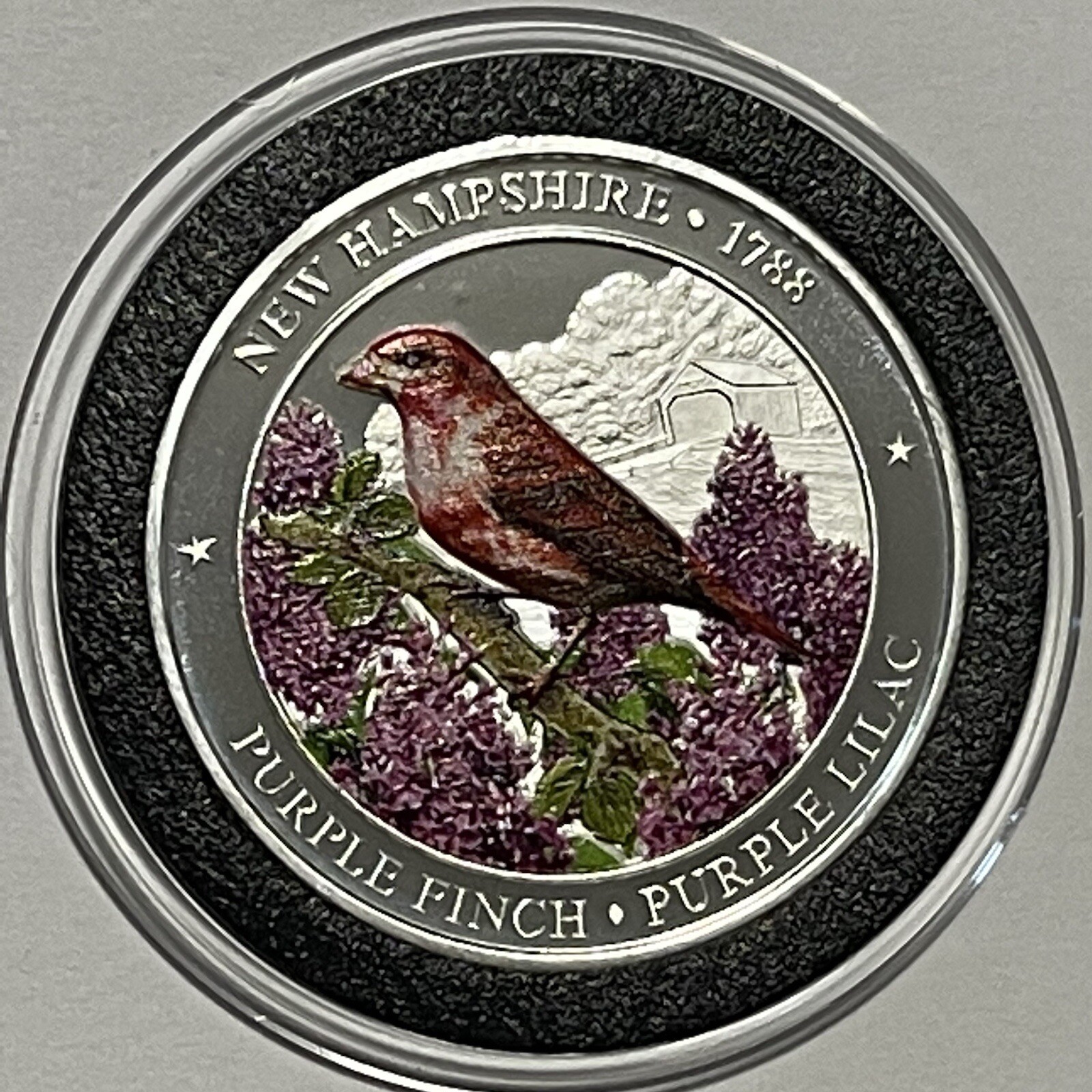 New Hampshire Purple Finch Lilac Colorized Coin 1 Troy Oz .999 Fine Silver Round