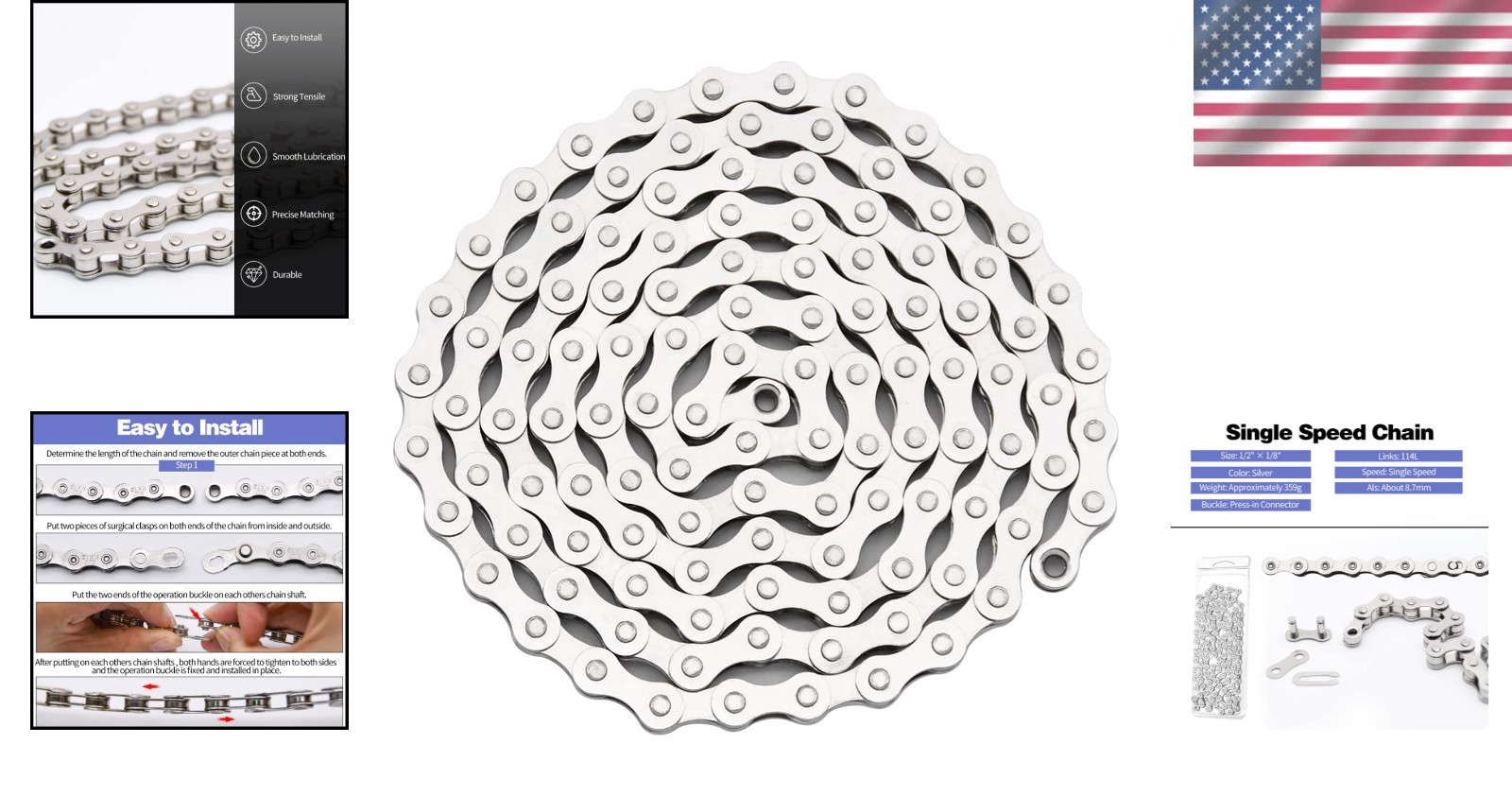 Easy Install Single Speed Bike Chain - Rust-Resistant 114 Links - Silver Finish