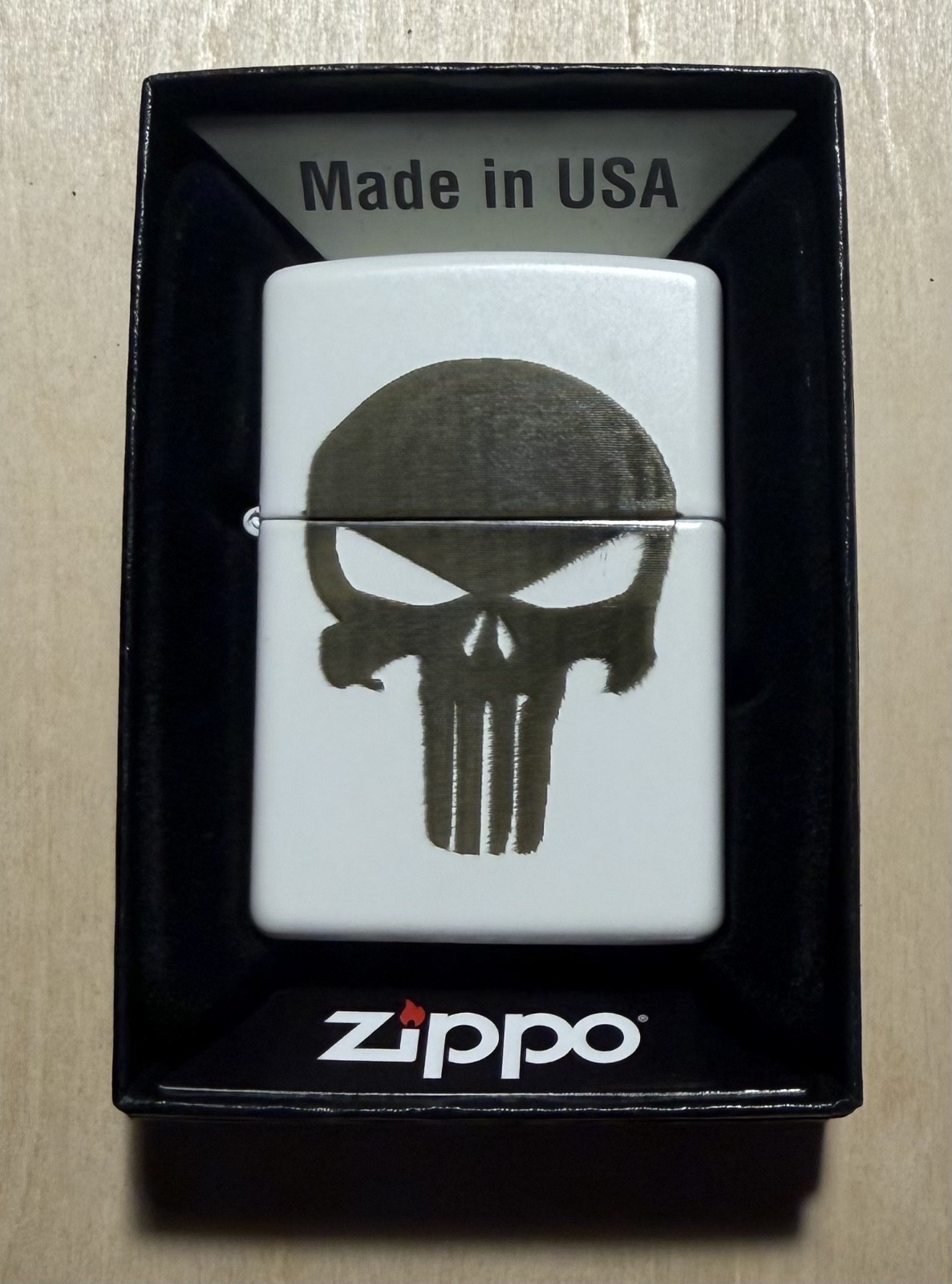 Custom Zippo Lighter with Punisher Logo White Matte