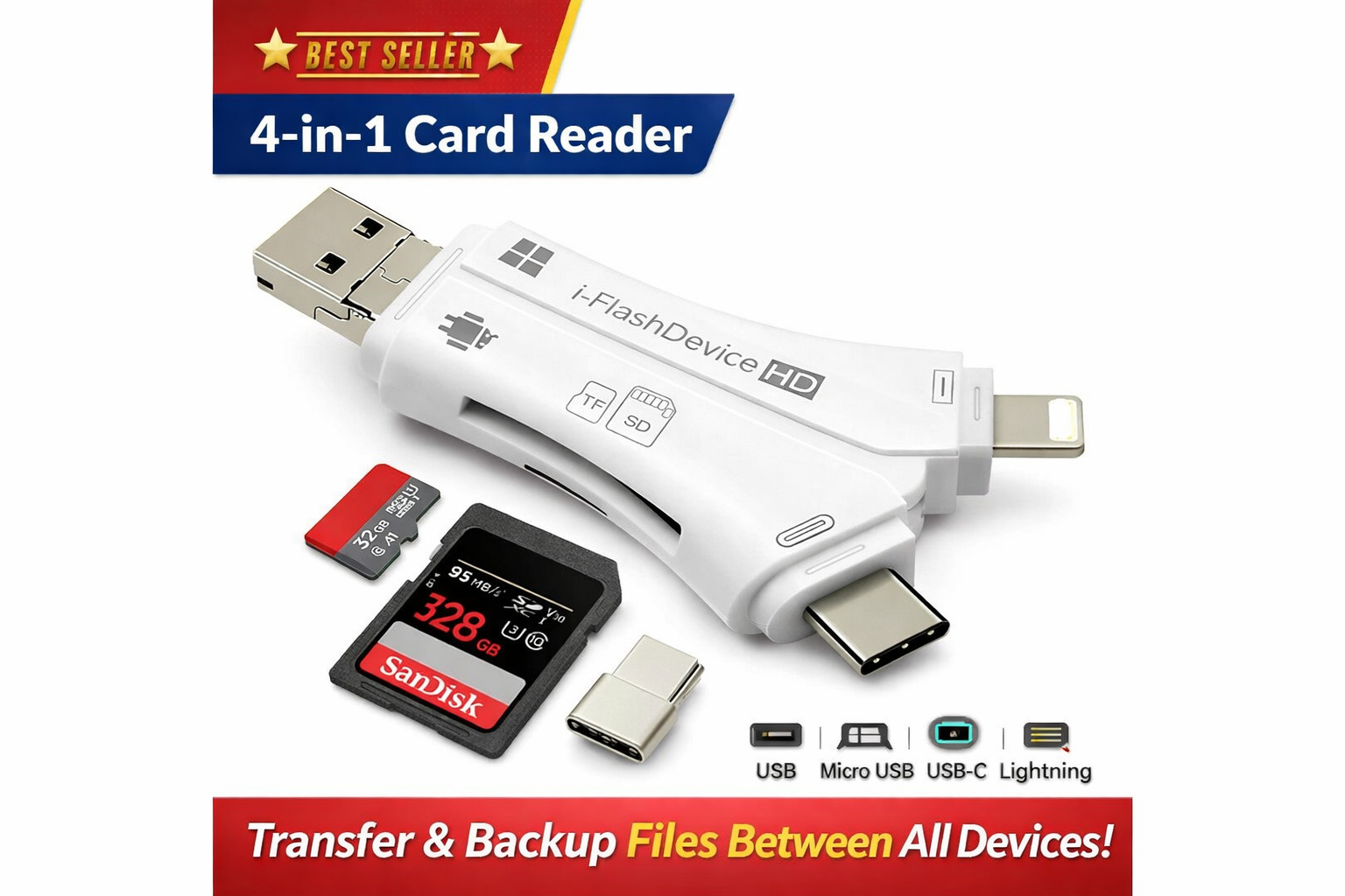 4in1 USB i-Flash Drive Micro SD/TF Card Reader Adapter For iPhone iPad Android